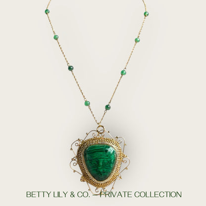 14K Gold Malachite Carved Face Pendant Brooch with Seed Pearls & Emerald Station Chain | Private Collection
