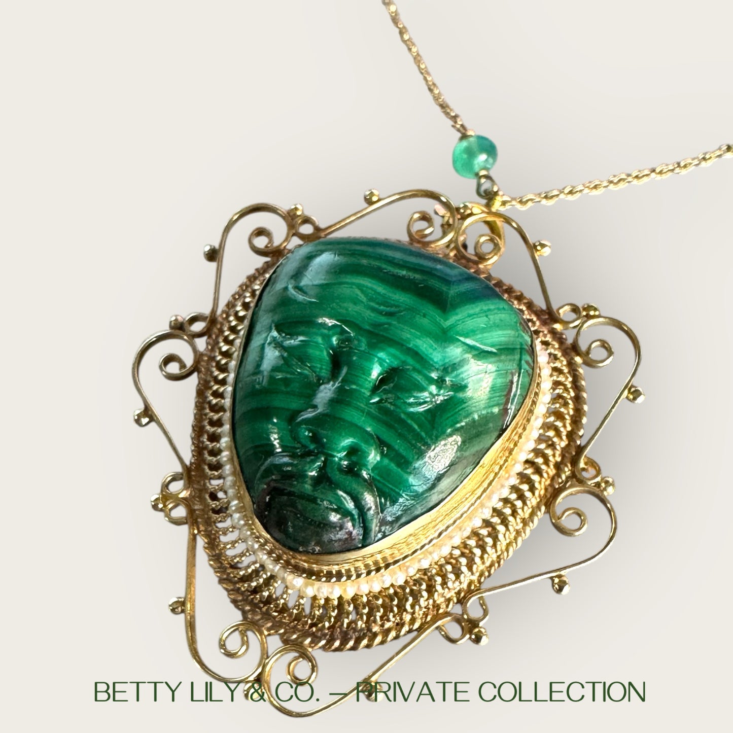 14K Gold Malachite Carved Face Pendant Brooch with Seed Pearls & Emerald Station Chain | Private Collection