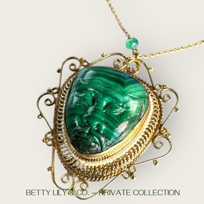 14K Gold Malachite Carved Face Pendant Brooch with Seed Pearls & Emerald Station Chain | Private Collection