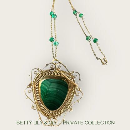 14K Gold Malachite Carved Face Pendant Brooch with Seed Pearls & Emerald Station Chain | Private Collection
