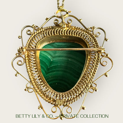 14K Gold Malachite Carved Face Pendant Brooch with Seed Pearls & Emerald Station Chain | Private Collection
