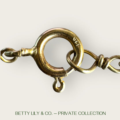 14K Gold Malachite Carved Face Pendant Brooch with Seed Pearls & Emerald Station Chain | Private Collection