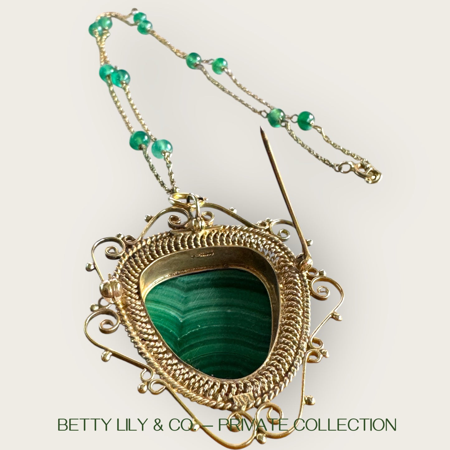 14K Gold Malachite Carved Face Pendant Brooch with Seed Pearls & Emerald Station Chain | Private Collection