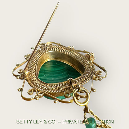 14K Gold Malachite Carved Face Pendant Brooch with Seed Pearls & Emerald Station Chain | Private Collection