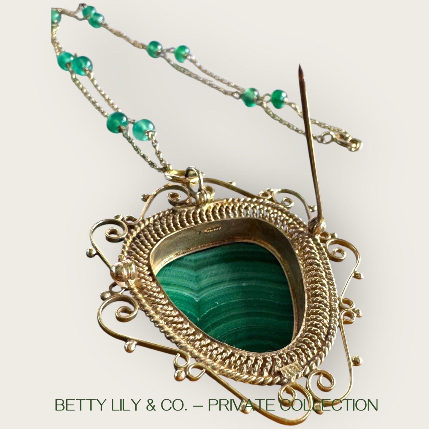14K Gold Malachite Carved Face Pendant Brooch with Seed Pearls & Emerald Station Chain | Private Collection