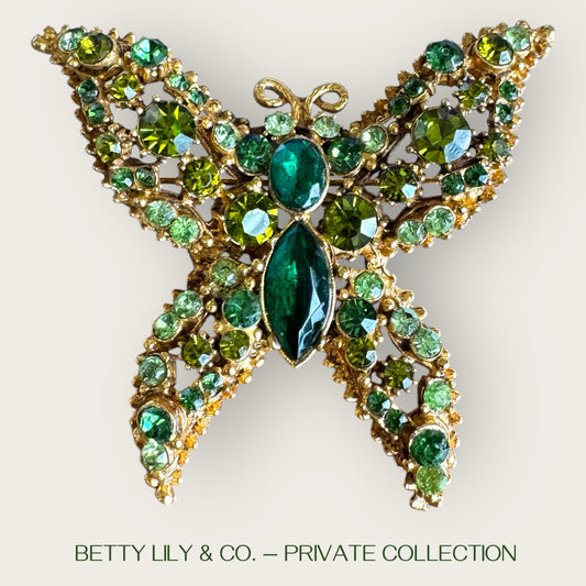 Signed Weiss Vintage Green Butterfly Brooch with Uranium Glass – Heavy Gold Tone Statement Pin | Private Collection