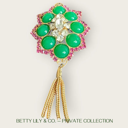 Juliana Green Cabochon & Pink Chaton Tassel Dangle Brooch – Verified Reference #5617 | Private Collection