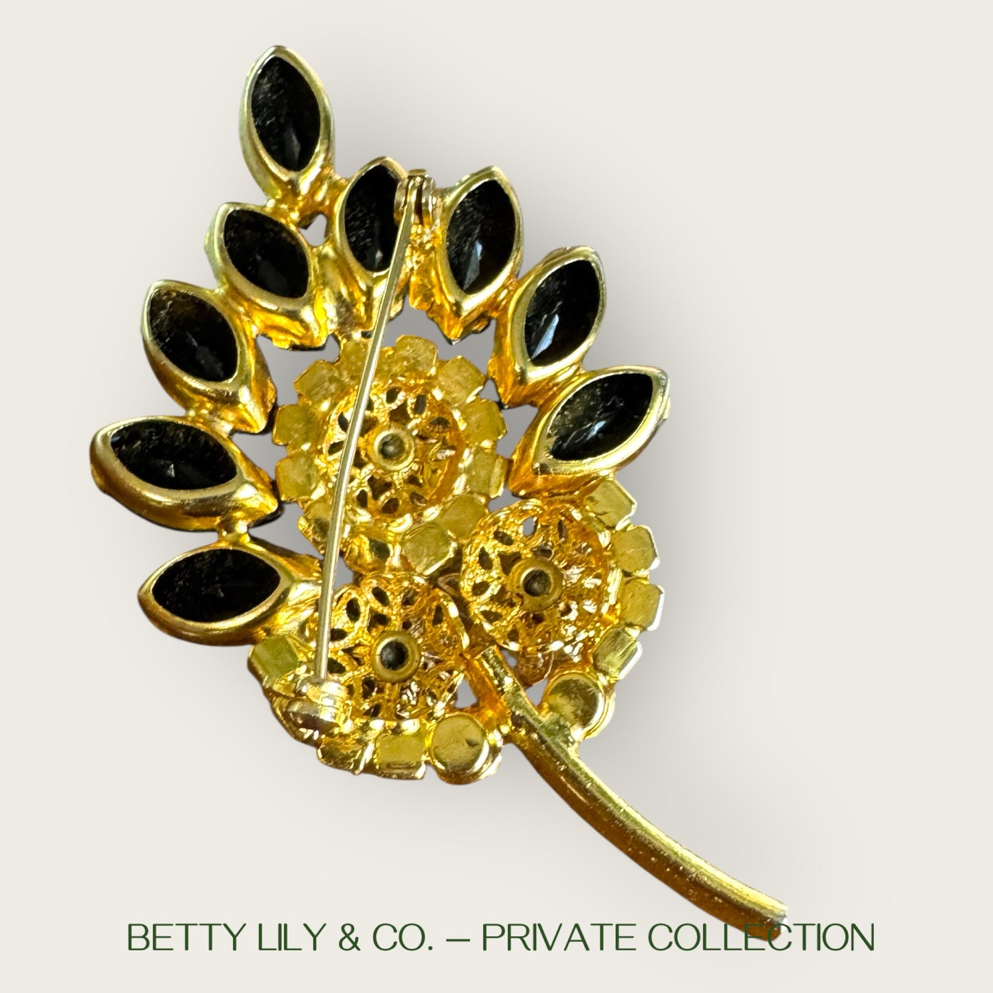 Verified Juliana Black Navette & AB Rhinestone Leaf Brooch – Reference #2046 | Private Collection