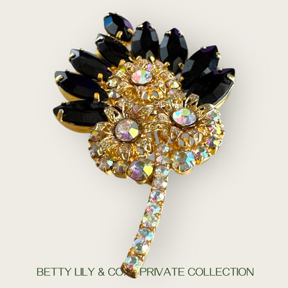 Verified Juliana Black Navette & AB Rhinestone Leaf Brooch – Reference #2046 | Private Collection