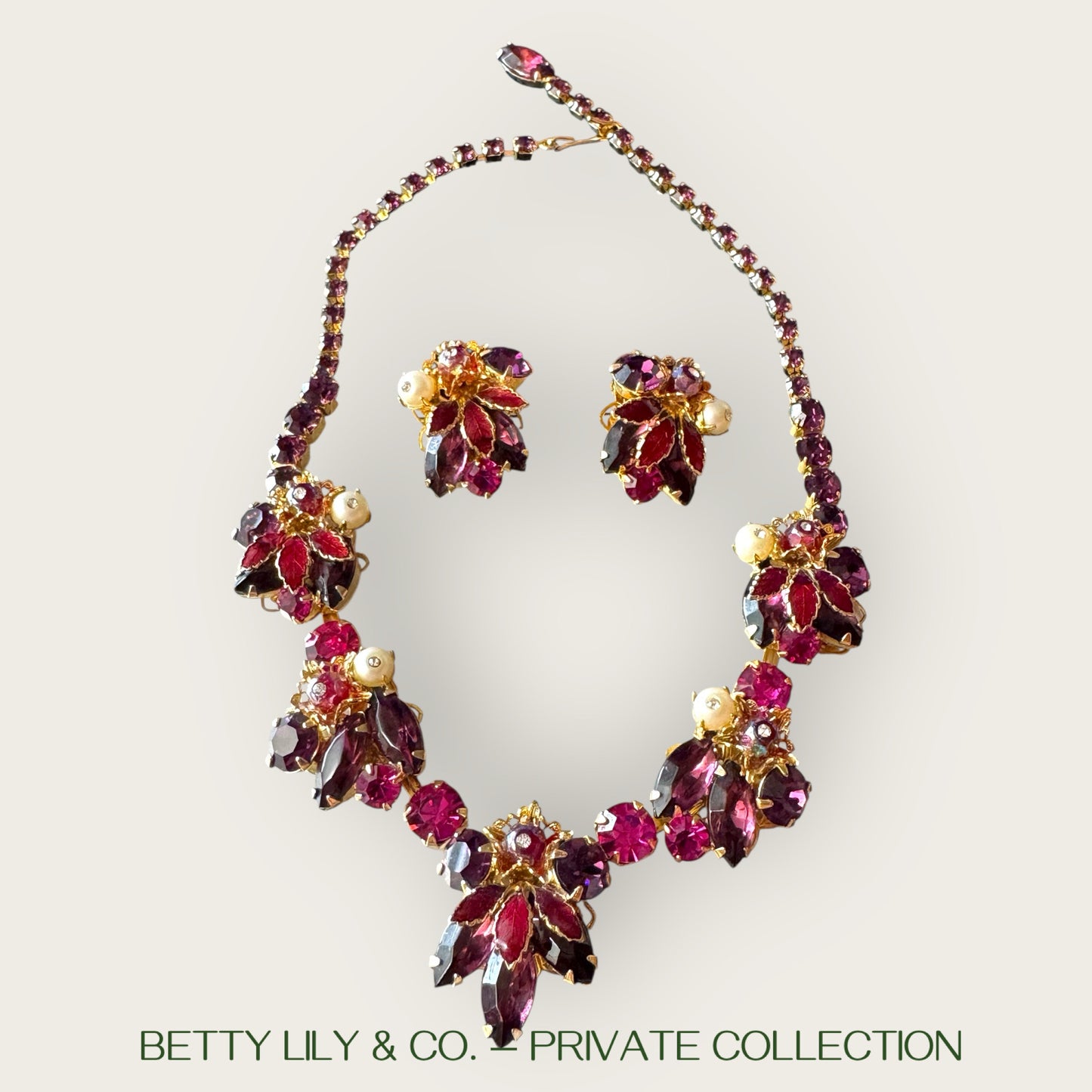 Weiss Enamel Leaf & Jewel-Tone Rhinestone Statement Set – Ruby, Amethyst & Pearl Tones – 1950s Mid-Century Glam | Private Collection
