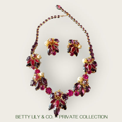 Weiss Enamel Leaf & Jewel-Tone Rhinestone Statement Set – Ruby, Amethyst & Pearl Tones – 1950s Mid-Century Glam | Private Collection