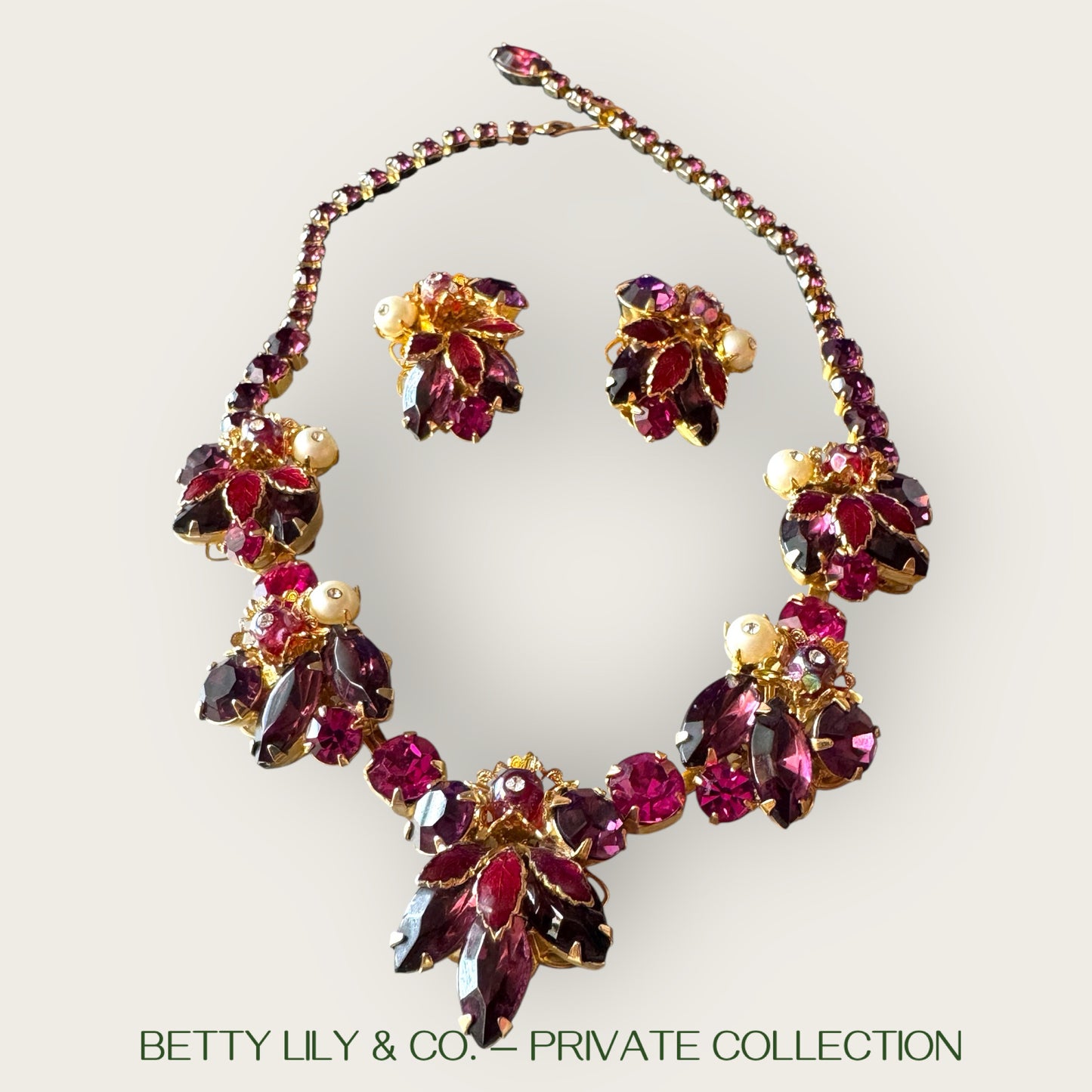 Weiss Enamel Leaf & Jewel-Tone Rhinestone Statement Set – Ruby, Amethyst & Pearl Tones – 1950s Mid-Century Glam | Private Collection