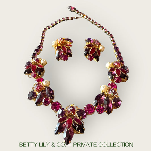 Weiss Enamel Leaf & Jewel-Tone Rhinestone Statement Set – Ruby, Amethyst & Pearl Tones – 1950s Mid-Century Glam | Private Collection