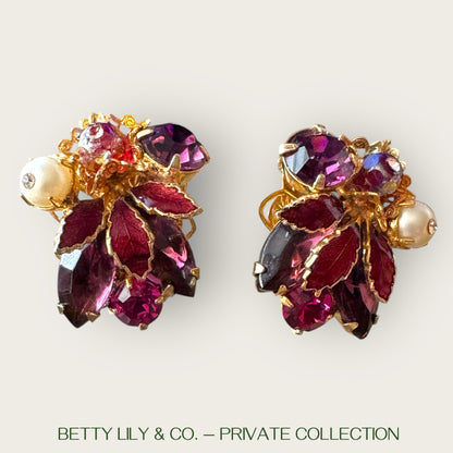 Weiss Enamel Leaf & Jewel-Tone Rhinestone Statement Set – Ruby, Amethyst & Pearl Tones – 1950s Mid-Century Glam | Private Collection