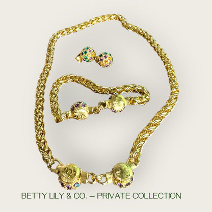 JBK by Camrose & Kross Jeweled Orb Necklace, Bracelet & Earring Set – Gold-Tone with Emerald, Amethyst & Topaz Crystals | Private Collection