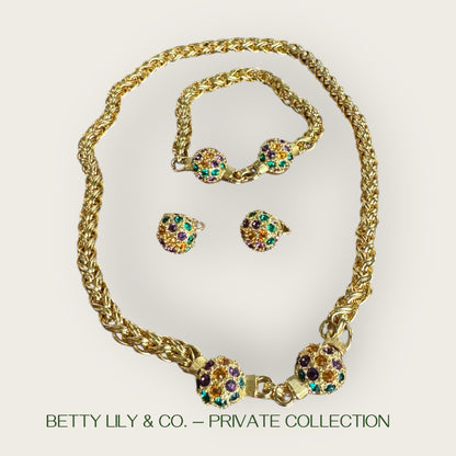 JBK by Camrose & Kross Jeweled Orb Necklace, Bracelet & Earring Set – Gold-Tone with Emerald, Amethyst & Topaz Crystals | Private Collection