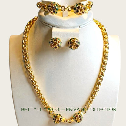 JBK by Camrose & Kross Jeweled Orb Necklace, Bracelet & Earring Set – Gold-Tone with Emerald, Amethyst & Topaz Crystals | Private Collection