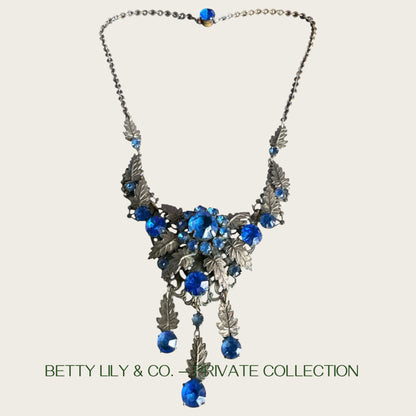 Antique Art Nouveau Czech Blue Glass Rivière Bib Necklace | Leaf Motif Filigree Statement | Circa 1900s | Private Collection