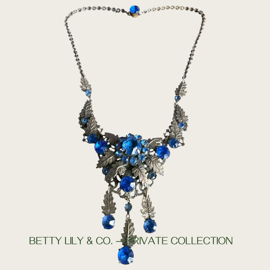 Antique Art Nouveau Czech Blue Glass Rivière Bib Necklace | Leaf Motif Filigree Statement | Circa 1900s | Private Collection