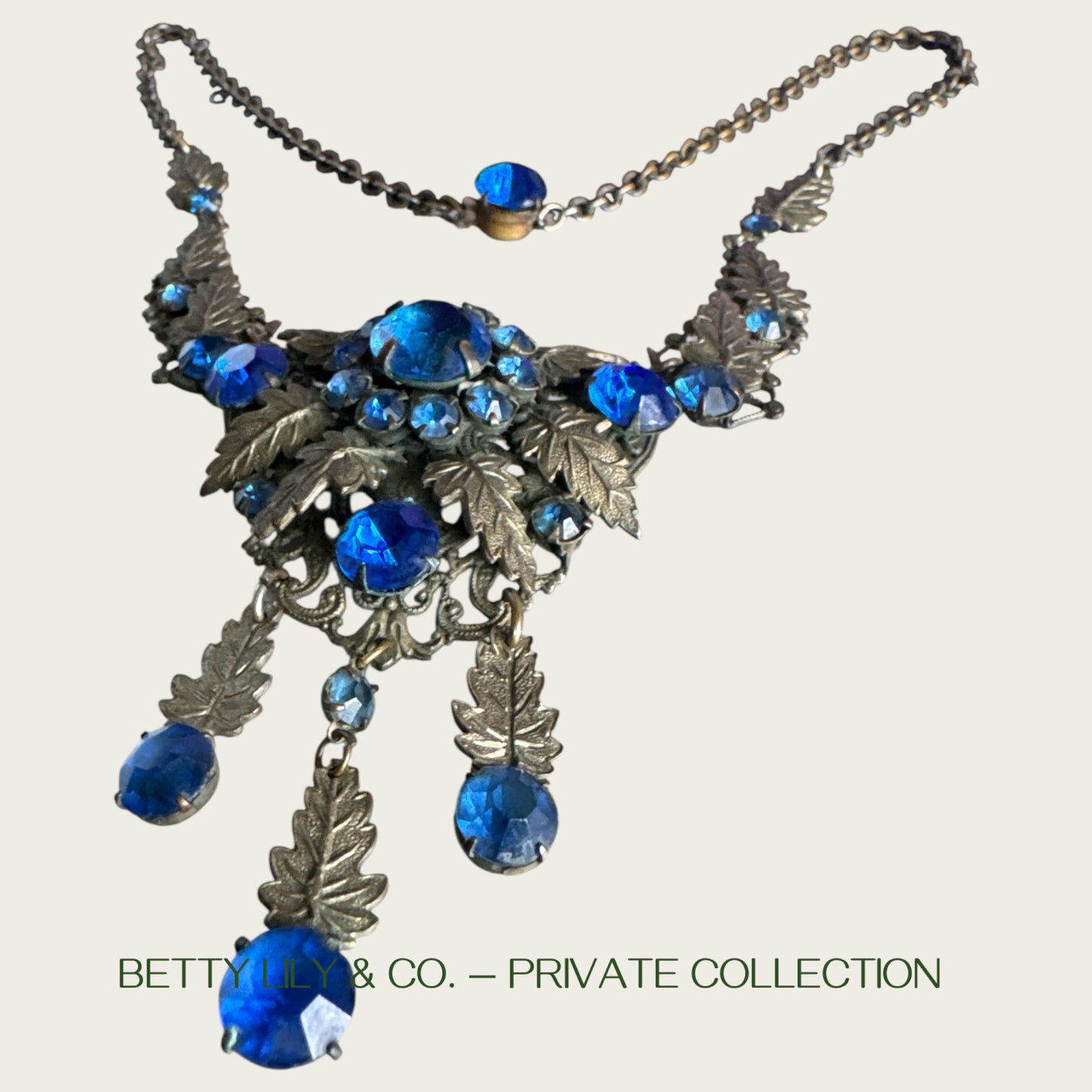 Antique Art Nouveau Czech Blue Glass Rivière Bib Necklace | Leaf Motif Filigree Statement | Circa 1900s | Private Collection