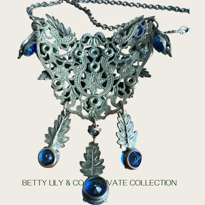 Antique Art Nouveau Czech Blue Glass Rivière Bib Necklace | Leaf Motif Filigree Statement | Circa 1900s | Private Collection