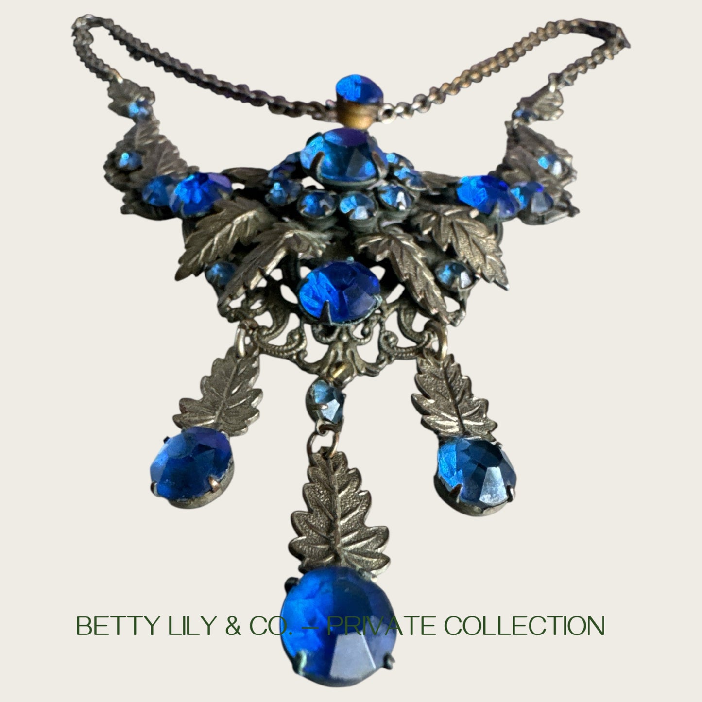 Antique Art Nouveau Czech Blue Glass Rivière Bib Necklace | Leaf Motif Filigree Statement | Circa 1900s | Private Collection