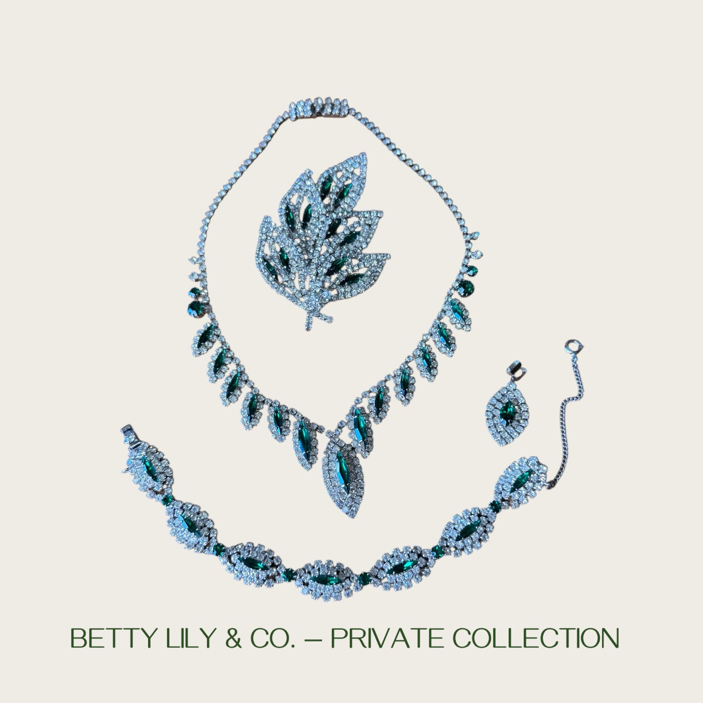 Signed Weiss Emerald Green Navette Rhinestone Parure | Necklace, Bracelet & Brooch | Mid-Century Collector’s Masterpiece | Private Collection