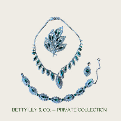 Signed Weiss Emerald Green Navette Rhinestone Parure | Necklace, Bracelet & Brooch | Mid-Century Collector’s Masterpiece | Private Collection