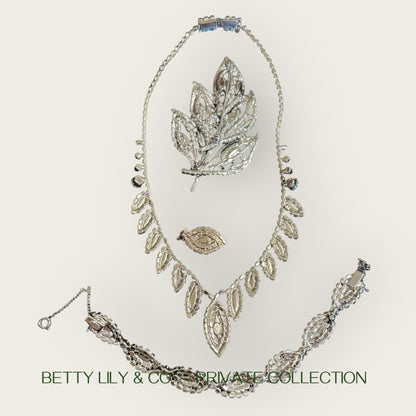 Signed Weiss Emerald Green Navette Rhinestone Parure | Necklace, Bracelet & Brooch | Mid-Century Collector’s Masterpiece | Private Collection