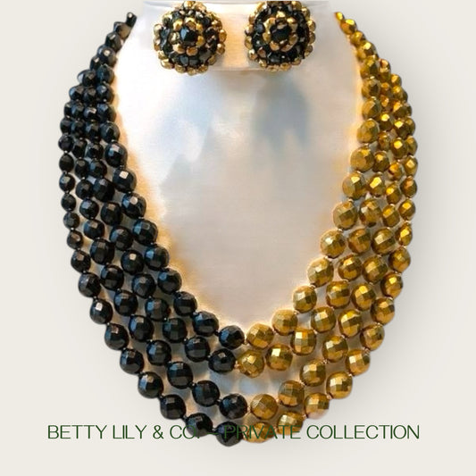 Signed Miriam Haskell Black & Gold Glass Bead Set | 1950s Demi-Parure | Private Collection
