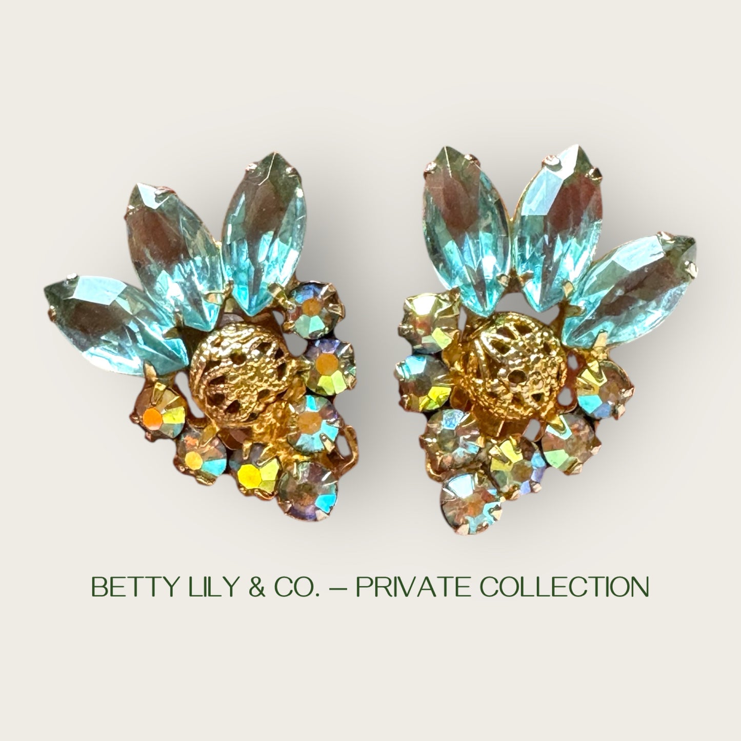 Juliana Verified Reference Number 1964 Ice Blue Navette Earrings with Brass Filigree Beads | Private Collection