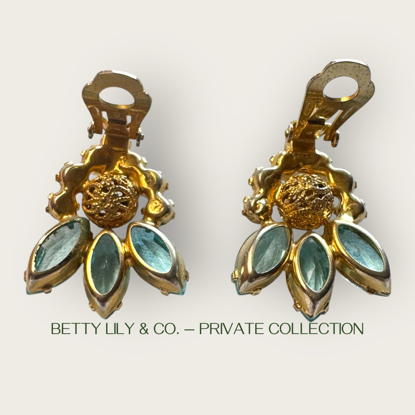 Juliana Verified Reference Number 1964 Ice Blue Navette Earrings with Brass Filigree Beads | Private Collection