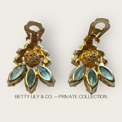 Juliana Verified Reference Number 1964 Ice Blue Navette Earrings with Brass Filigree Beads | Private Collection