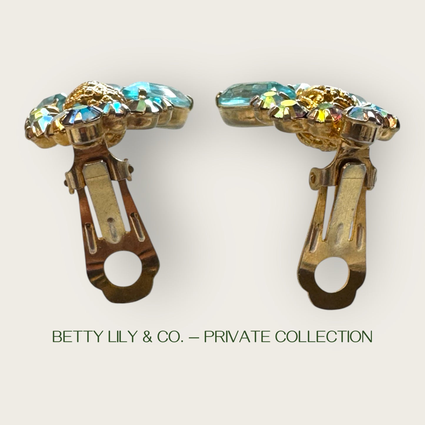 Juliana Verified Reference Number 1964 Ice Blue Navette Earrings with Brass Filigree Beads | Private Collection