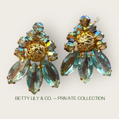 Juliana Verified Reference Number 1964 Ice Blue Navette Earrings with Brass Filigree Beads | Private Collection