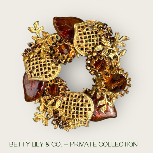 Miriam Haskell Amber Glass & Filigree Leaf Wreath Brooch – Signed 1950s | Private Collection