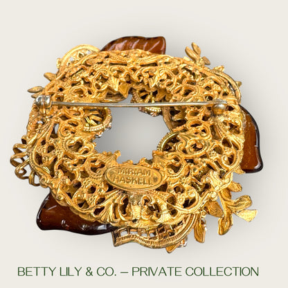Miriam Haskell Amber Glass & Filigree Leaf Wreath Brooch – Signed 1950s | Private Collection