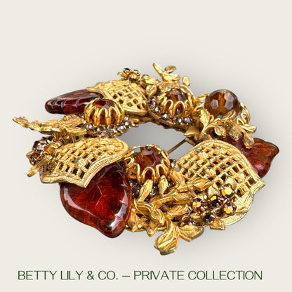 Miriam Haskell Amber Glass & Filigree Leaf Wreath Brooch – Signed 1950s | Private Collection
