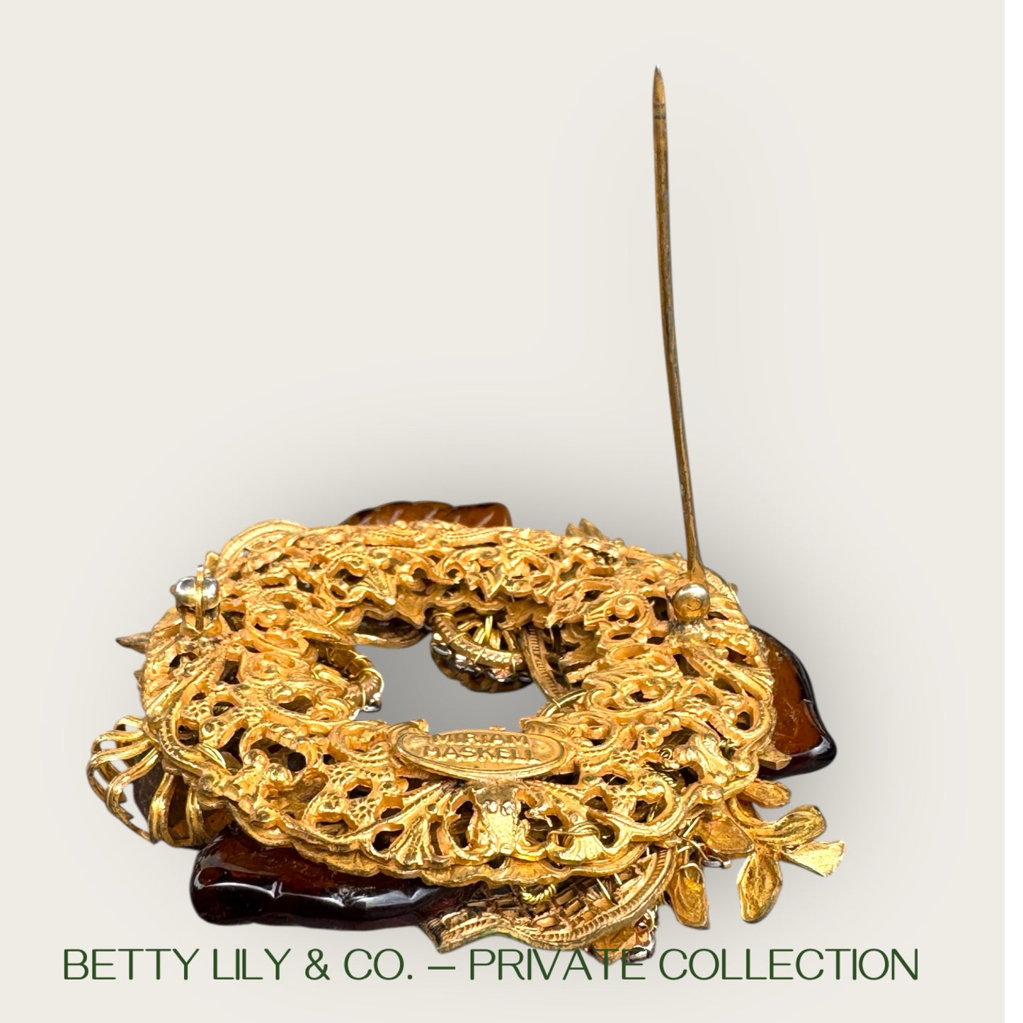 Miriam Haskell Amber Glass & Filigree Leaf Wreath Brooch – Signed 1950s | Private Collection