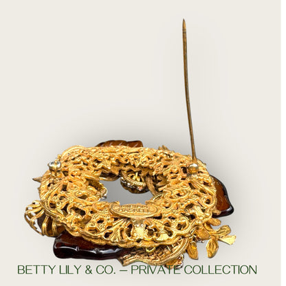 Miriam Haskell Amber Glass & Filigree Leaf Wreath Brooch – Signed 1950s | Private Collection