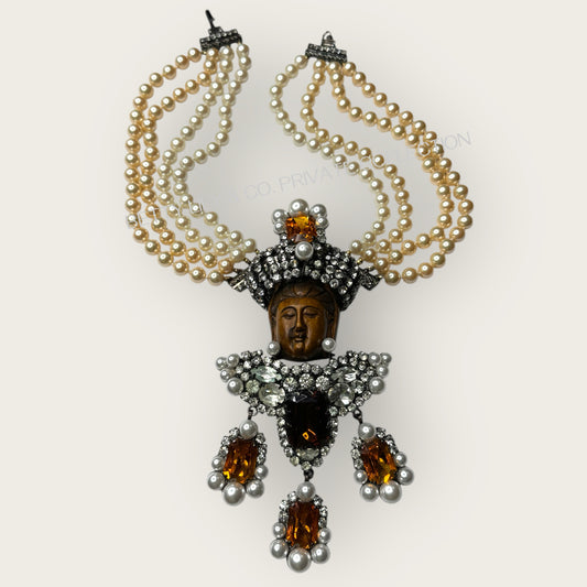 Lawrence Vrba Buddha Pendant Necklace & Brooch | Amber Glass, Rhinestone & Pearl | Private Collection