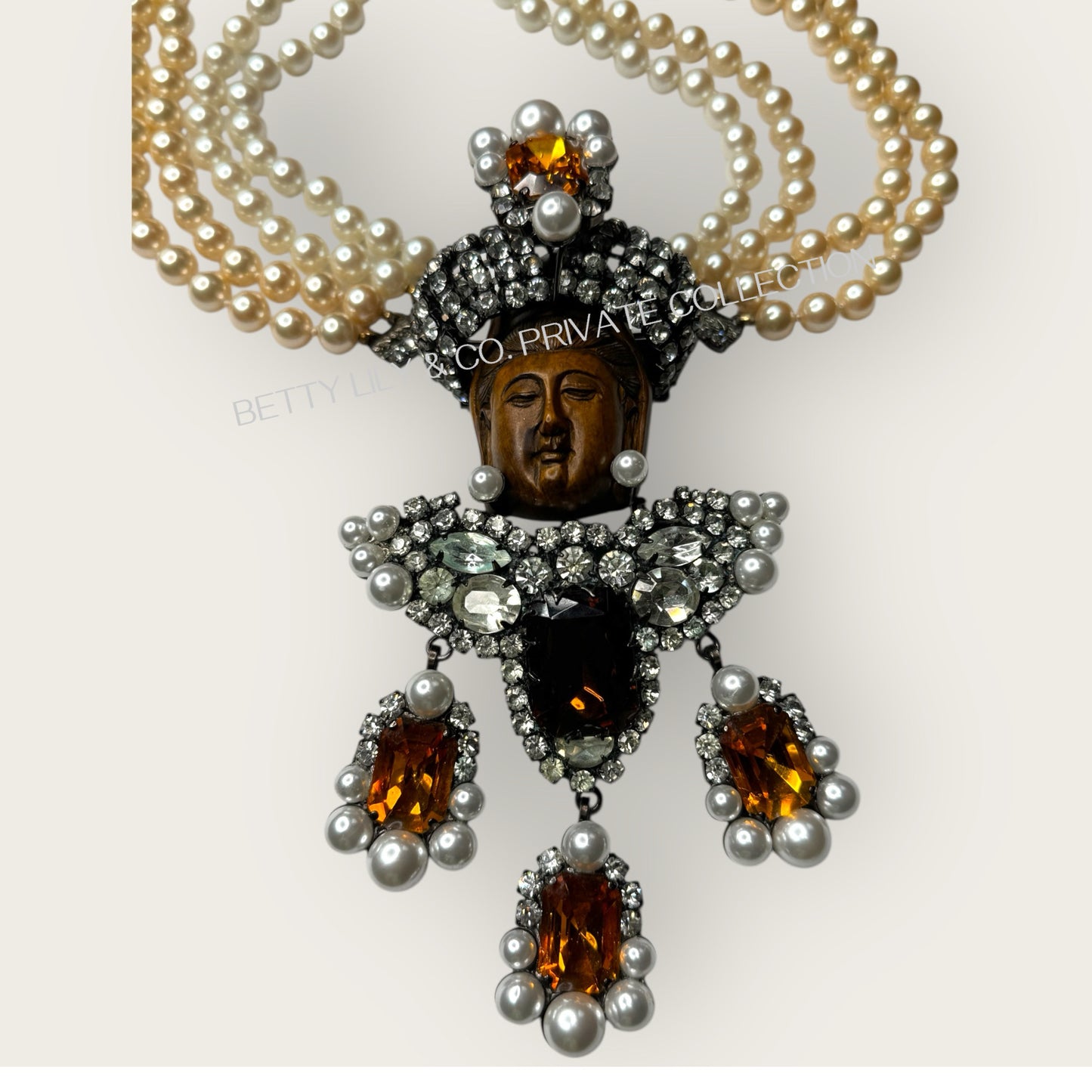 Lawrence Vrba Buddha Pendant Necklace & Brooch | Amber Glass, Rhinestone & Pearl | Private Collection