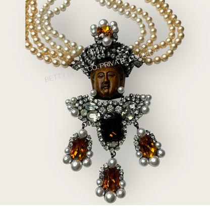 Lawrence Vrba Buddha Pendant Necklace & Brooch | Amber Glass, Rhinestone & Pearl | Private Collection