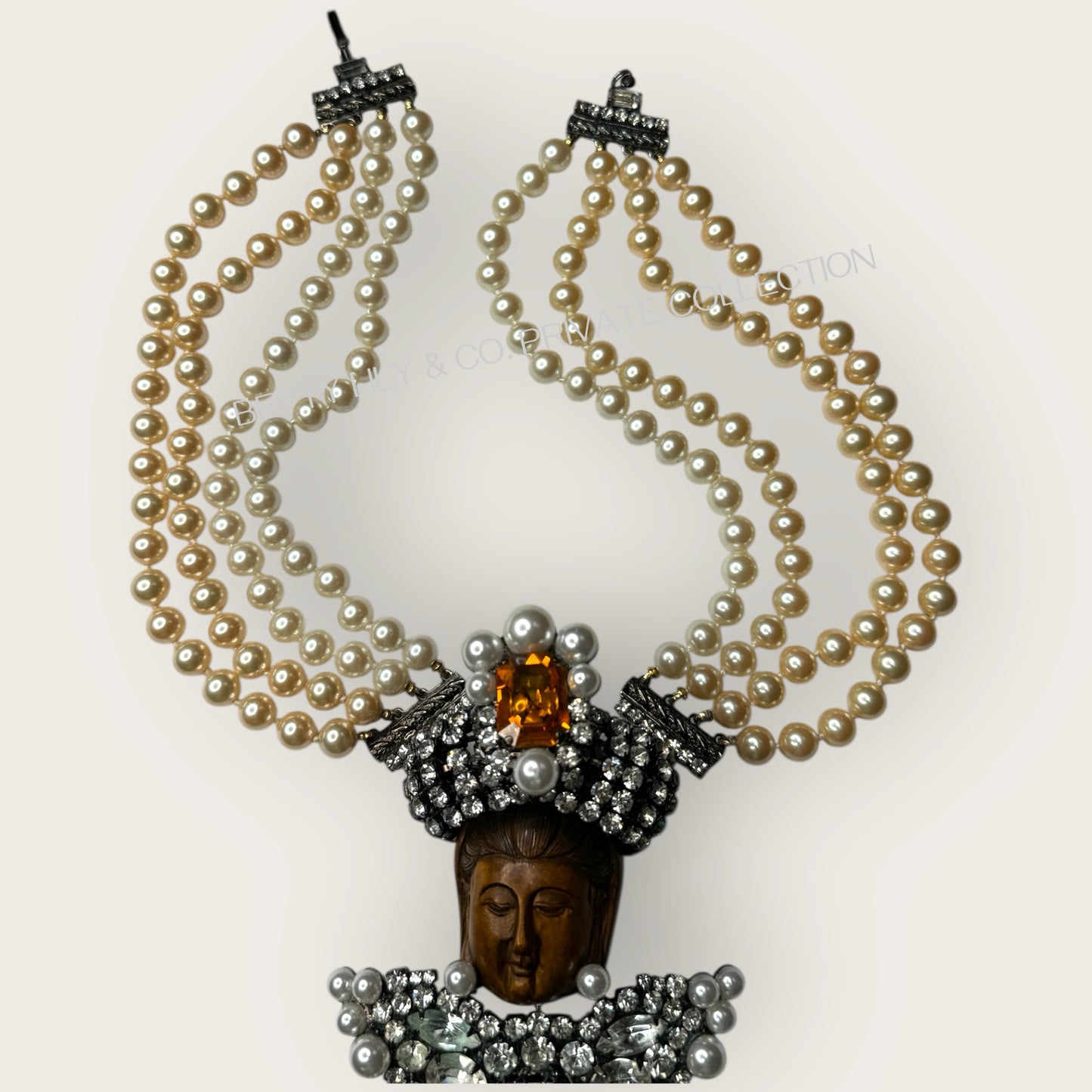 Lawrence Vrba Buddha Pendant Necklace & Brooch | Amber Glass, Rhinestone & Pearl | Private Collection