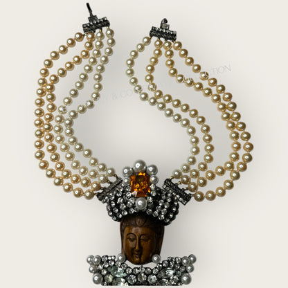 Lawrence Vrba Buddha Pendant Necklace & Brooch | Amber Glass, Rhinestone & Pearl | Private Collection