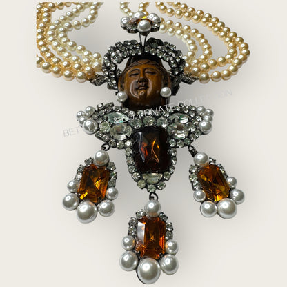Lawrence Vrba Buddha Pendant Necklace & Brooch | Amber Glass, Rhinestone & Pearl | Private Collection