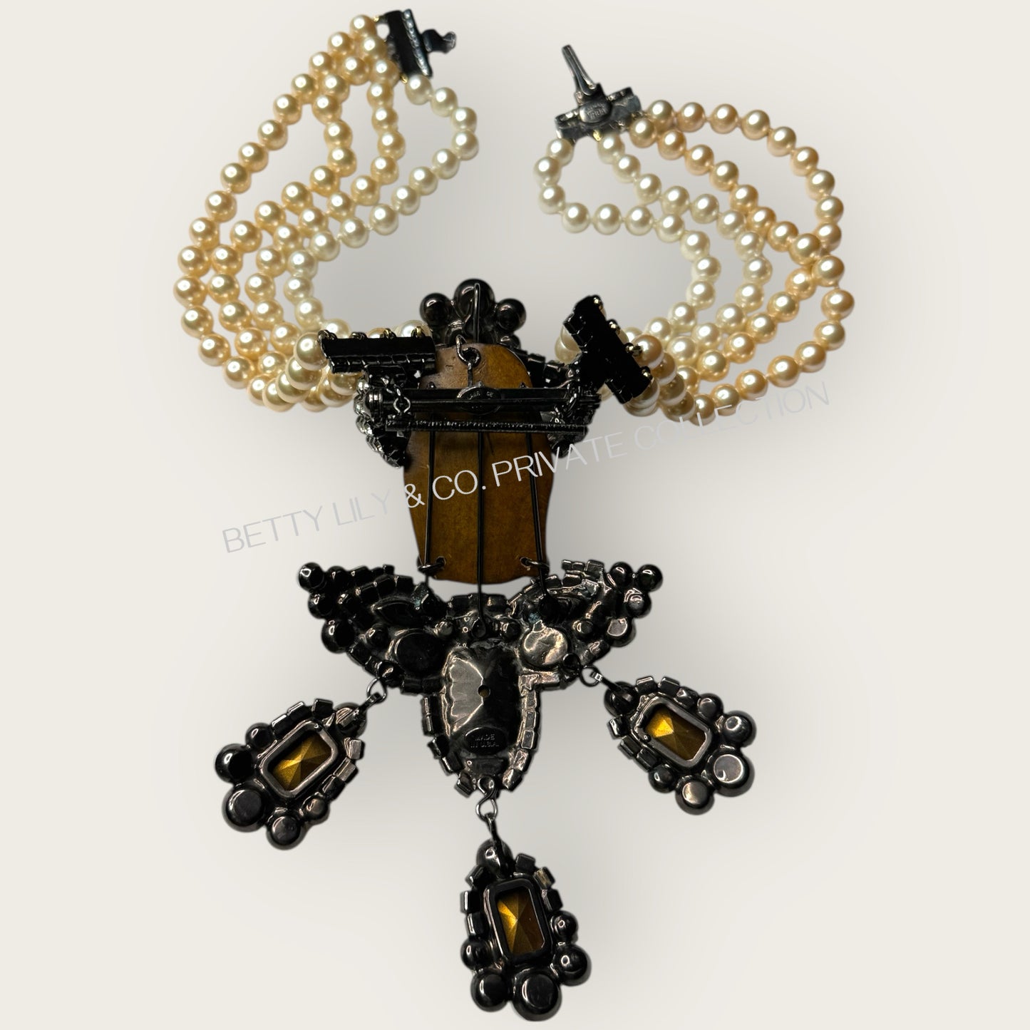 Lawrence Vrba Buddha Pendant Necklace & Brooch | Amber Glass, Rhinestone & Pearl | Private Collection