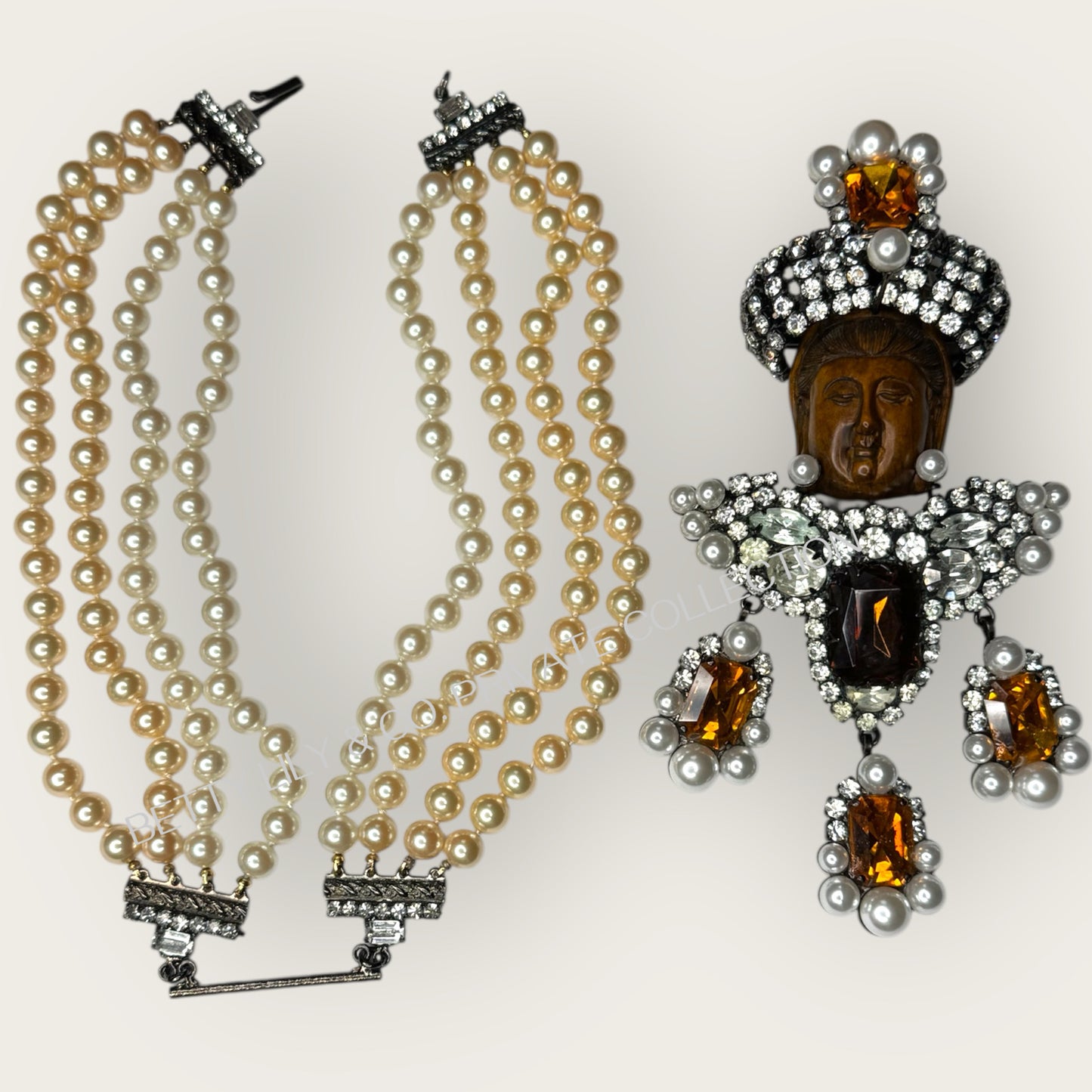 Lawrence Vrba Buddha Pendant Necklace & Brooch | Amber Glass, Rhinestone & Pearl | Private Collection