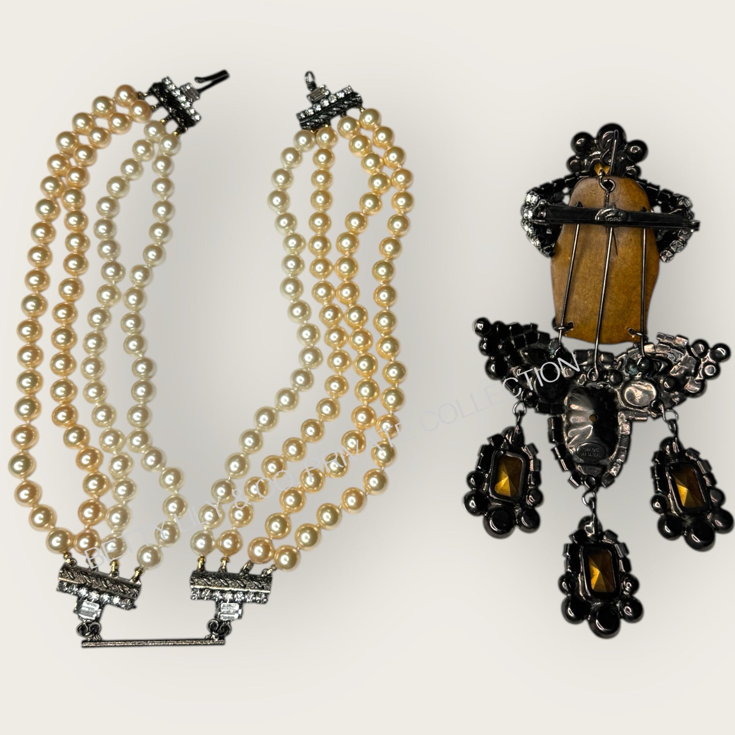 Lawrence Vrba Buddha Pendant Necklace & Brooch | Amber Glass, Rhinestone & Pearl | Private Collection