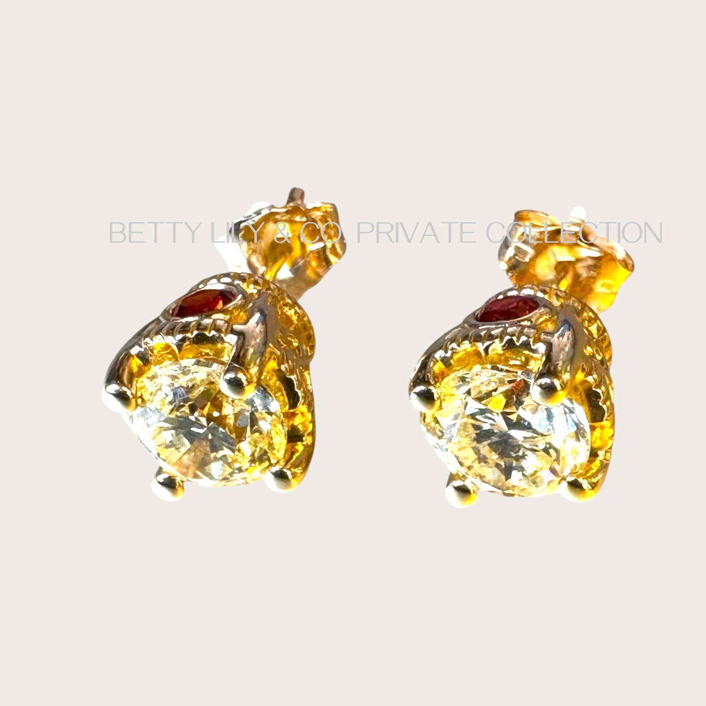 14K Yellow Gold 2.00 CTW Natural Diamond Solitaire Stud Earrings with Garnet Accent | Private Collection
